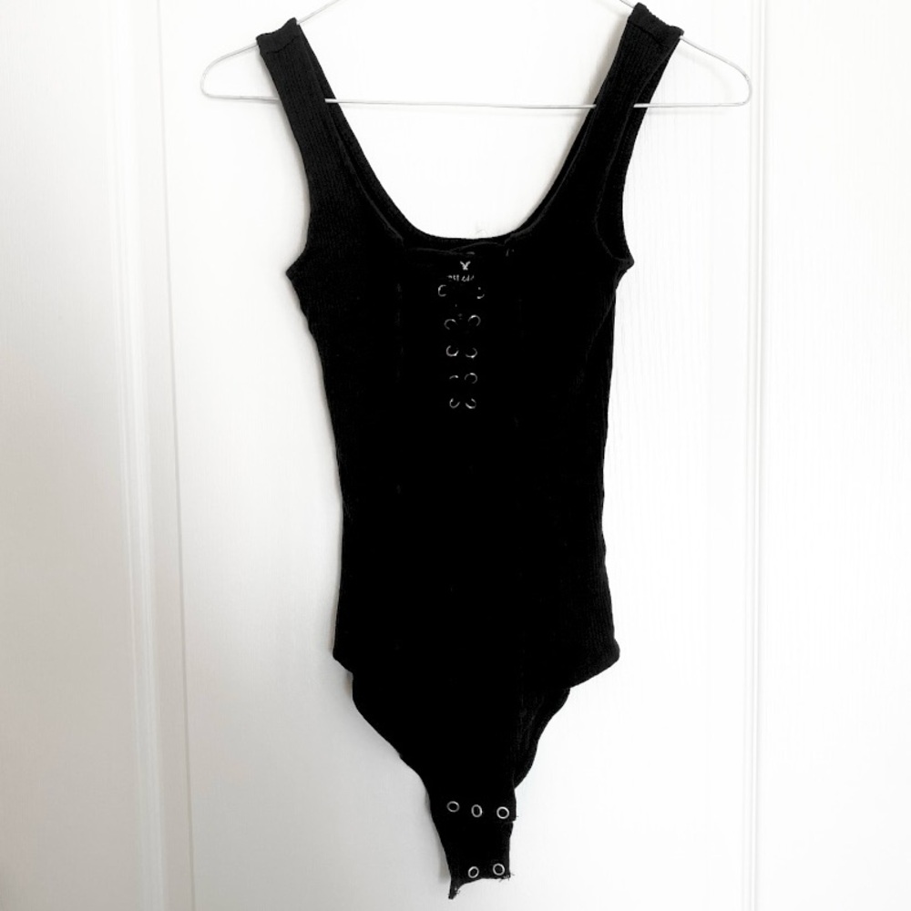 American Eagle Essentials Black Lace-Up Bodysuit